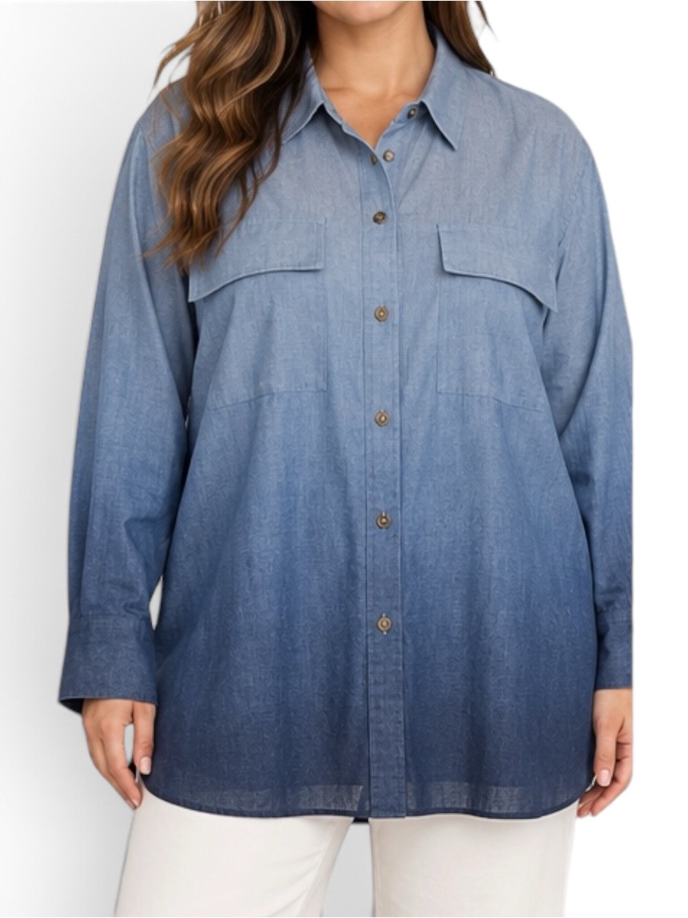 Lafayette 148 Chambray Ombre Tunic Shirt XXL Blue Cotton NWT $498
